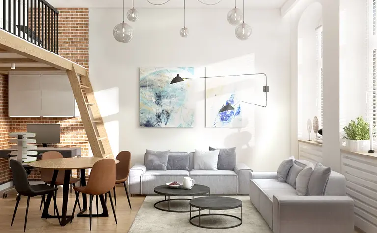 Wnętrze salonu w stylu eklektycznym z dużymi oknami, szarymi meblami i drewnianymi elementami.