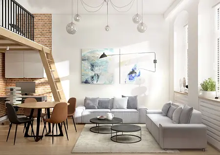 Wnętrze salonu w stylu eklektycznym z dużymi oknami, szarymi meblami i drewnianymi elementami.