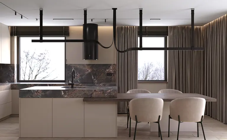 Kuchnia w stylu minimalistycznym z nowoczesnymi meblami, soft minimalizm, współczesne akcenty.