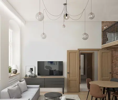 Wnętrze salonu w stylu eklektycznym i industrialnym z nowoczesnym oświetleniem.