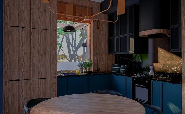 Eklektyczne wnętrze kuchni z dopamine decor, drewniane meble, niebieskie akcenty.