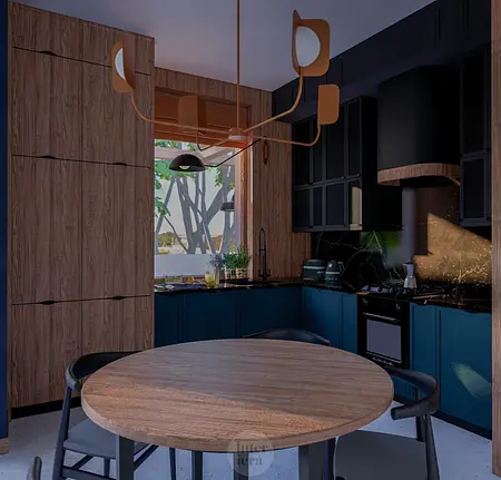 Eklektyczne wnętrze kuchni z dopamine decor, drewniane meble, niebieskie akcenty.