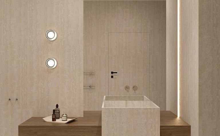 Nowoczesna łazienka w stylu japandi z drewnianymi detalami i minimalistycznym wystrojem.