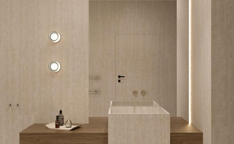 Nowoczesna łazienka w stylu japandi z drewnianymi detalami i minimalistycznym wystrojem.