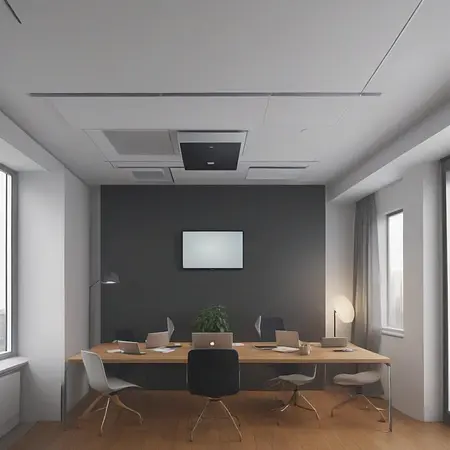 Biuro z drewnianym biurkiem, szarymi ścianami i nowoczesnym oświetleniem vintage