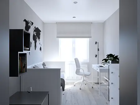 Biuro w stylu industrialnym, minimalistycznym i współczesnym z białym biurkiem i rośliną.