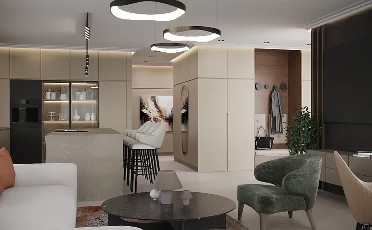 Wnętrze kuchni z minimalistycznym designem, nowoczesnymi meblami i współczesnym oświetleniem.