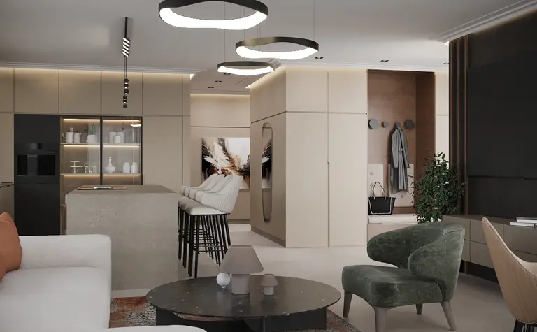 Wnętrze kuchni z minimalistycznym designem, nowoczesnymi meblami i współczesnym oświetleniem.