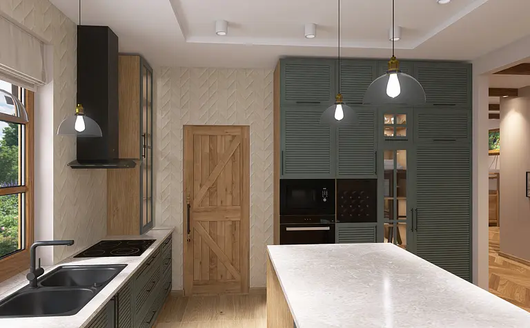 Kuchnia w stylu industrialnym i rustykalnym z drewnianymi meblami.