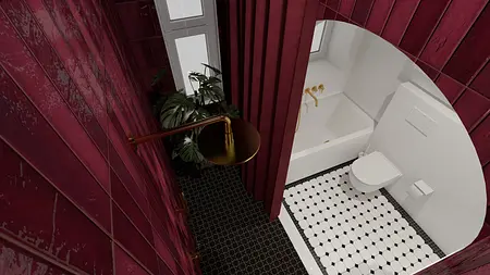 Łazienka z detalami art deco i minimalistycznym wykończeniem, w odcieniach bordo i bieli.