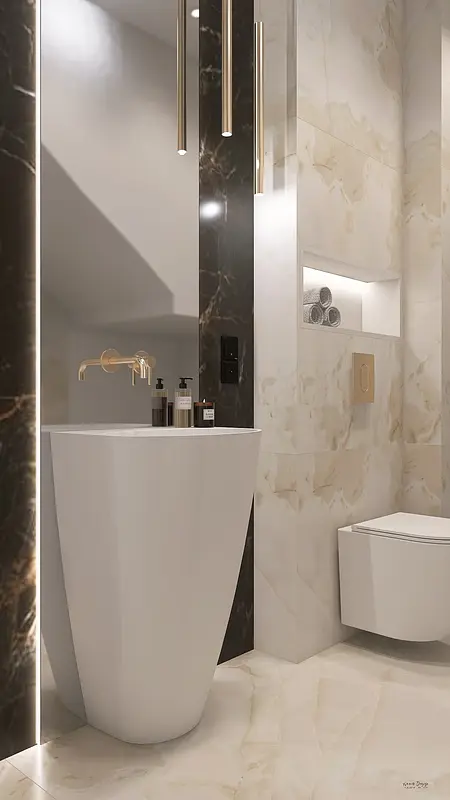Nowoczesna łazienka z minimalistycznym designem, białą umywalką i eleganckimi akcentami.