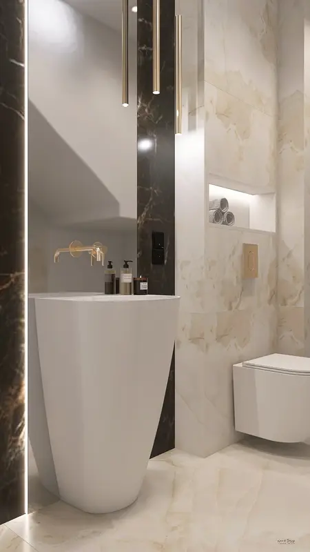 Nowoczesna łazienka z minimalistycznym designem, białą umywalką i eleganckimi akcentami.