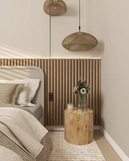 Wnętrze sypialni w stylu boho i rustykalnym z drewnianymi akcentami.