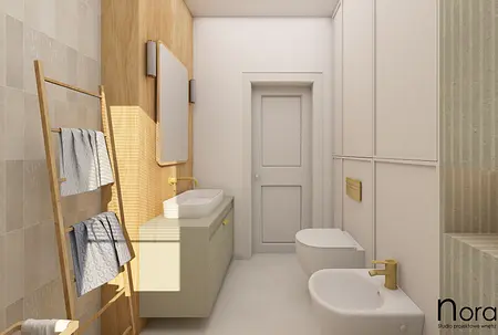 Wnętrze łazienki z drewnianymi elementami, minimalistycznym stylem i nowoczesnymi akcesoriami.