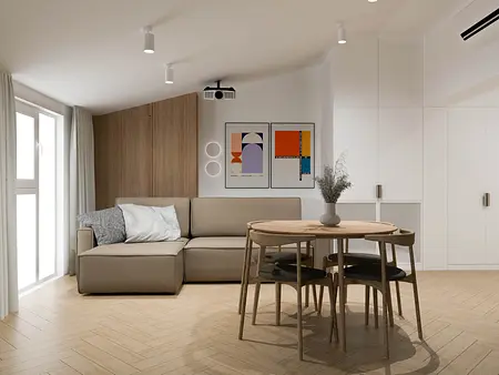 Nowoczesne wnętrze z minimalistyczną kanapą i drewnianym stołem, idealne do małego salonu.