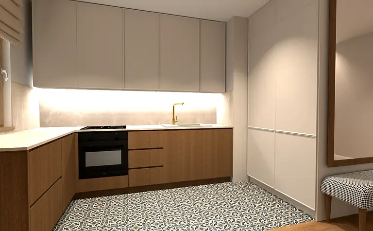 Wnętrze kuchni z drewnianymi meblami i jasną zabudową, styl współczesny.