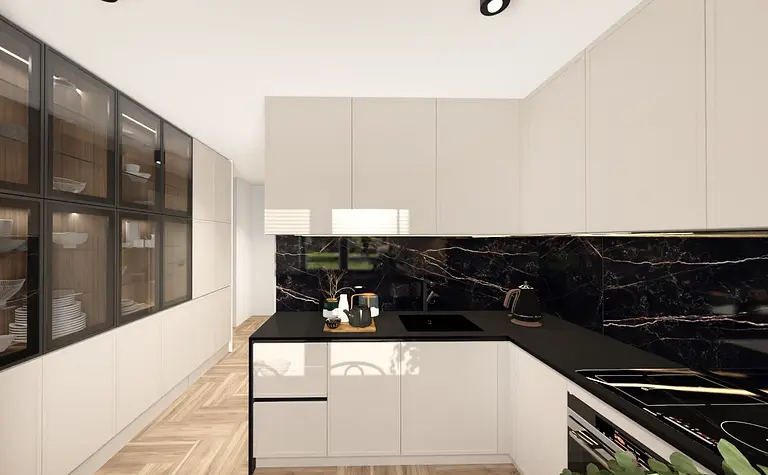 Kuchnia w stylu industrialnym z minimalistycznym designem i nowoczesnymi akcentami.