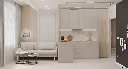 Wnętrze kuchni w stylu japandi, minimalistycznym, nowoczesnym z szarymi meblami.