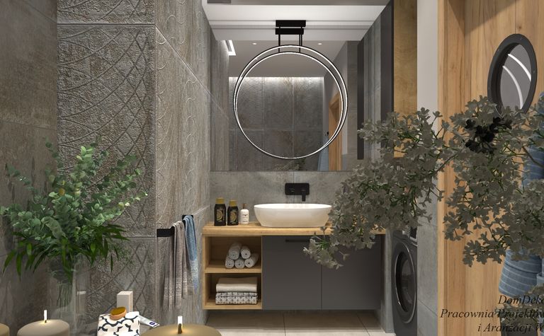 Wnętrze łazienki w stylu industrialnym i minimalistycznym z nowoczesnymi akcesoriami.