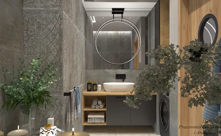 Wnętrze łazienki w stylu industrialnym i minimalistycznym z nowoczesnymi akcesoriami.