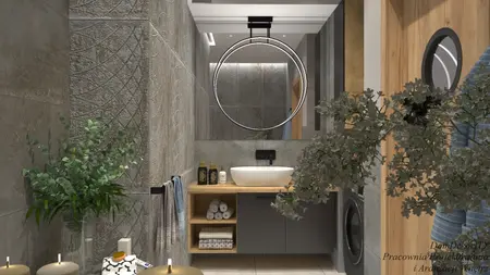 Wnętrze łazienki w stylu industrialnym i minimalistycznym z nowoczesnymi akcesoriami.