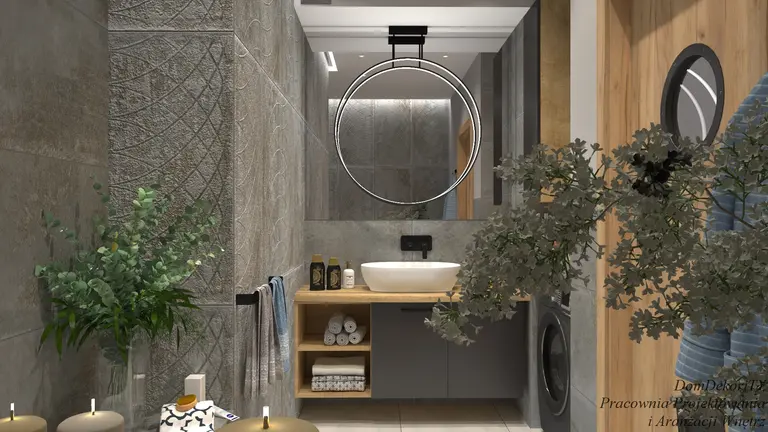Wnętrze łazienki w stylu industrialnym i minimalistycznym z nowoczesnymi akcesoriami.