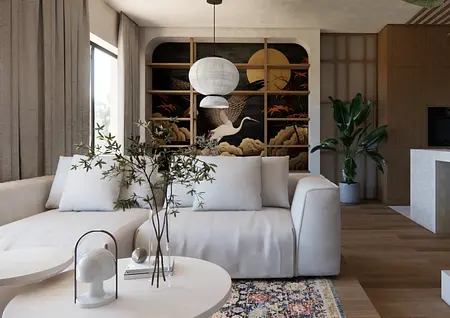 Wnętrze salonu w stylu boho i japandi z białą sofą.