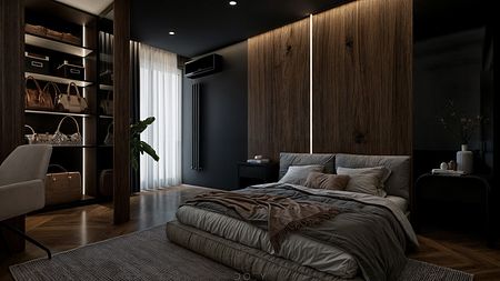 Wnętrze sypialni w stylu eklektycznym z nowoczesnymi elementami i quiet luxury.