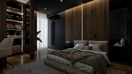 Wnętrze sypialni w stylu eklektycznym z nowoczesnymi elementami i quiet luxury.