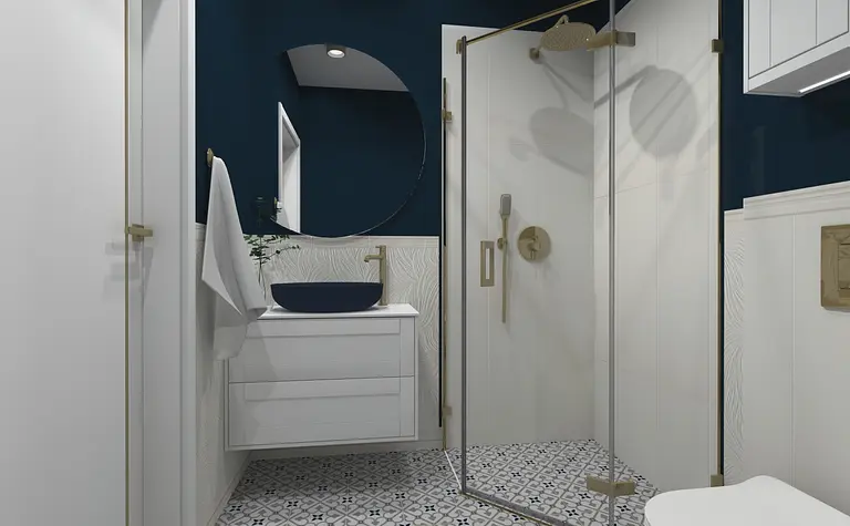 Nowoczesna łazienka glamour z kabiną prysznicową i białymi meblami.
