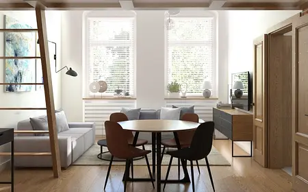 Wnętrze salonu w stylu eklektycznym i industrialnym z jasnymi meblami.