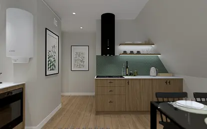 Kuchnia w minimalistycznym stylu z drewnianymi meblami i zieloną mozaiką