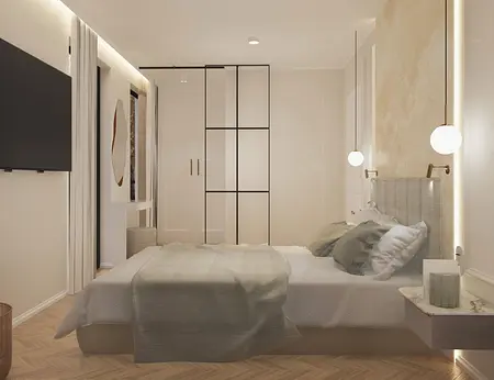 Wnętrze sypialni z łóżkiem, szafą i nowoczesnym oświetleniem w stylu art deco i glamour.