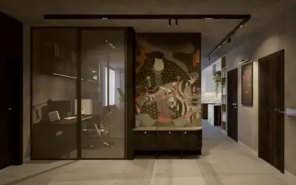 Eklektyczne biuro z industrialnym stylem, nowoczesnym biurkiem i współczesnym muralem.
