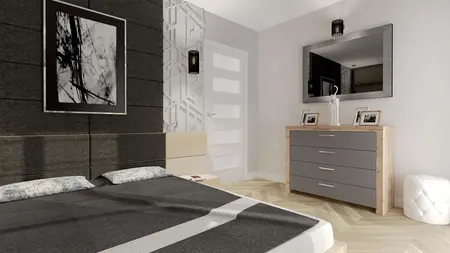 Wnętrze sypialni z szarymi ścianami i drewnianymi meblami. Styl nowoczesny.