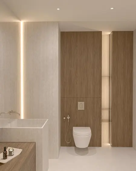 Nowoczesna łazienka w stylu japandi z drewnem i minimalistycznym designem.