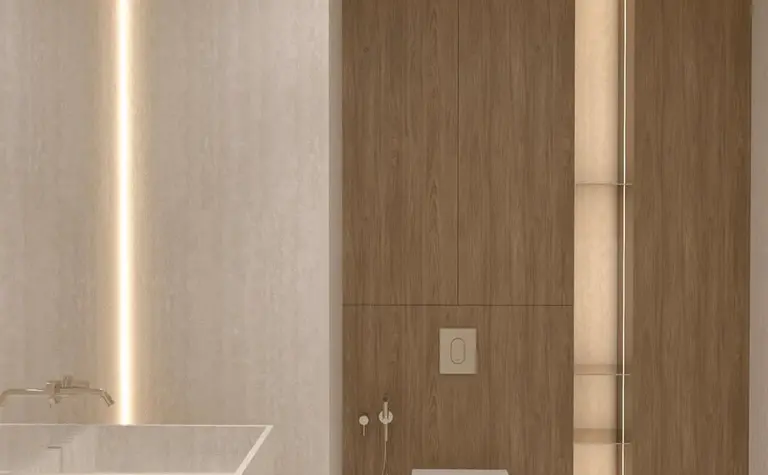 Nowoczesna łazienka w stylu japandi z drewnem i minimalistycznym designem.