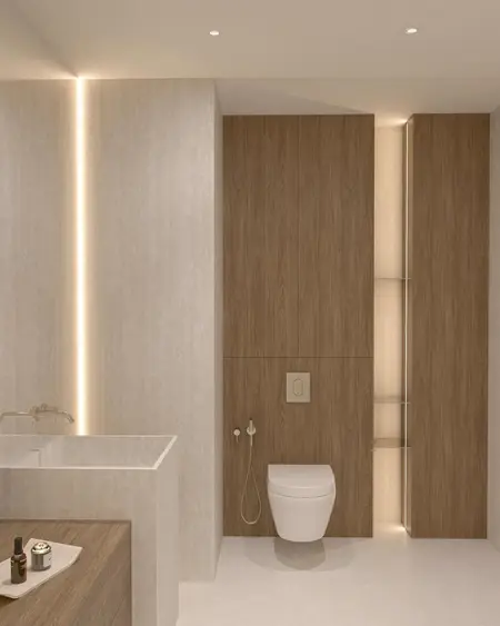 Nowoczesna łazienka w stylu japandi z drewnem i minimalistycznym designem.