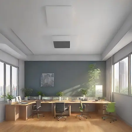 Wnętrze biura z drewnianymi biurkami, roślinami i dużymi oknami, styl vintage.