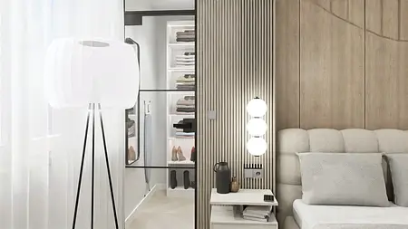 Minimalistyczna sypialnia z jasnym łóżkiem, drewnianą ścianą i nowoczesnym oświetleniem.