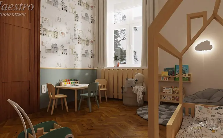 Pokój dziecięcy w stylu eklektycznym i vintage z drewnianymi meblami i kolorowymi dodatkami.