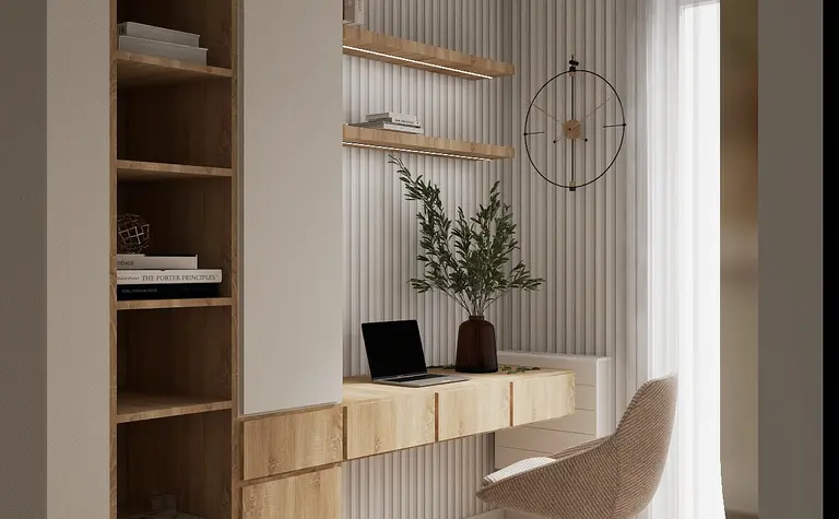 Minimalistyczny gabinet z drewnianym biurkiem, książkami i rośliną w doniczce.