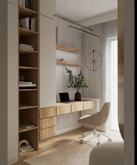 Minimalistyczny gabinet z drewnianym biurkiem, książkami i rośliną w doniczce.