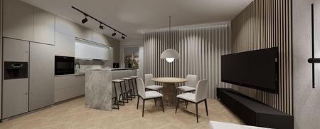 Wnętrze kuchni w stylu industrialnym, rustykalnym i vintage, z szarymi meblami i drewnianym blatem.