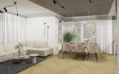 Wnętrze jadalni w stylu japandi, minimalistycznym z beżowymi meblami i naturalnym oświetleniem.