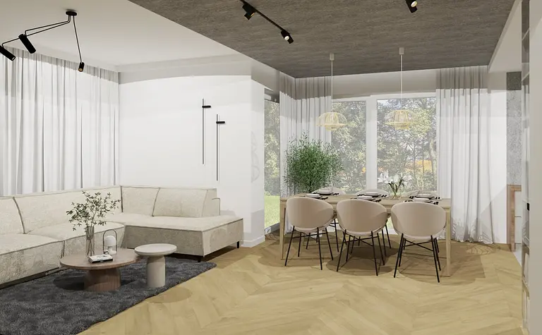 Wnętrze jadalni w stylu japandi, minimalistycznym z beżowymi meblami i naturalnym oświetleniem.