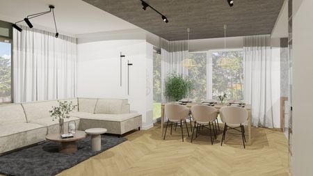 Wnętrze jadalni w stylu japandi, minimalistycznym z beżowymi meblami i naturalnym oświetleniem.