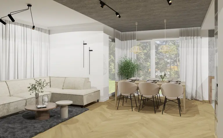 Wnętrze jadalni w stylu japandi, minimalistycznym z beżowymi meblami i naturalnym oświetleniem.
