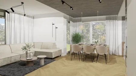 Wnętrze jadalni w stylu japandi, minimalistycznym z beżowymi meblami i naturalnym oświetleniem.