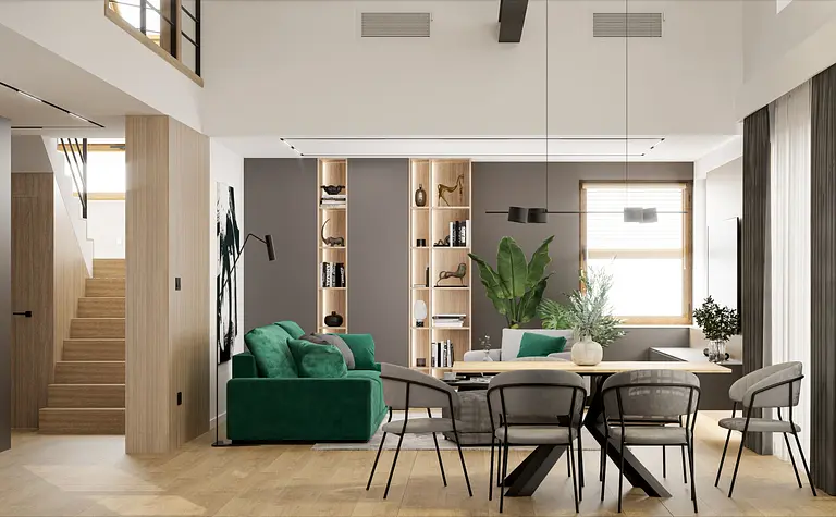 Wnętrze salonu z minimalistycznym i nowoczesnym designem, zielona sofa i drewniane akcenty.